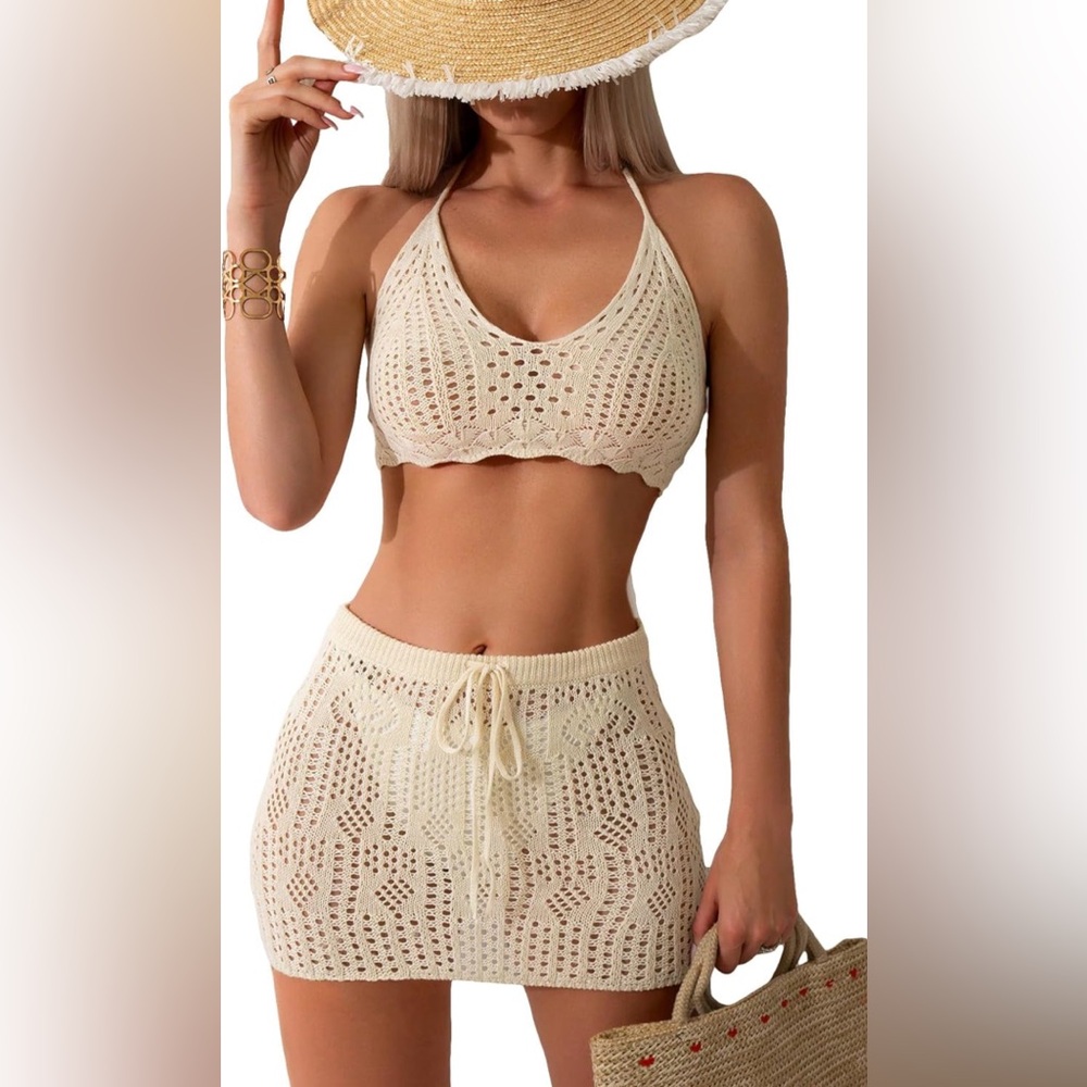Hollow Out Crochet Halter Top and Skirt Cover Up Set